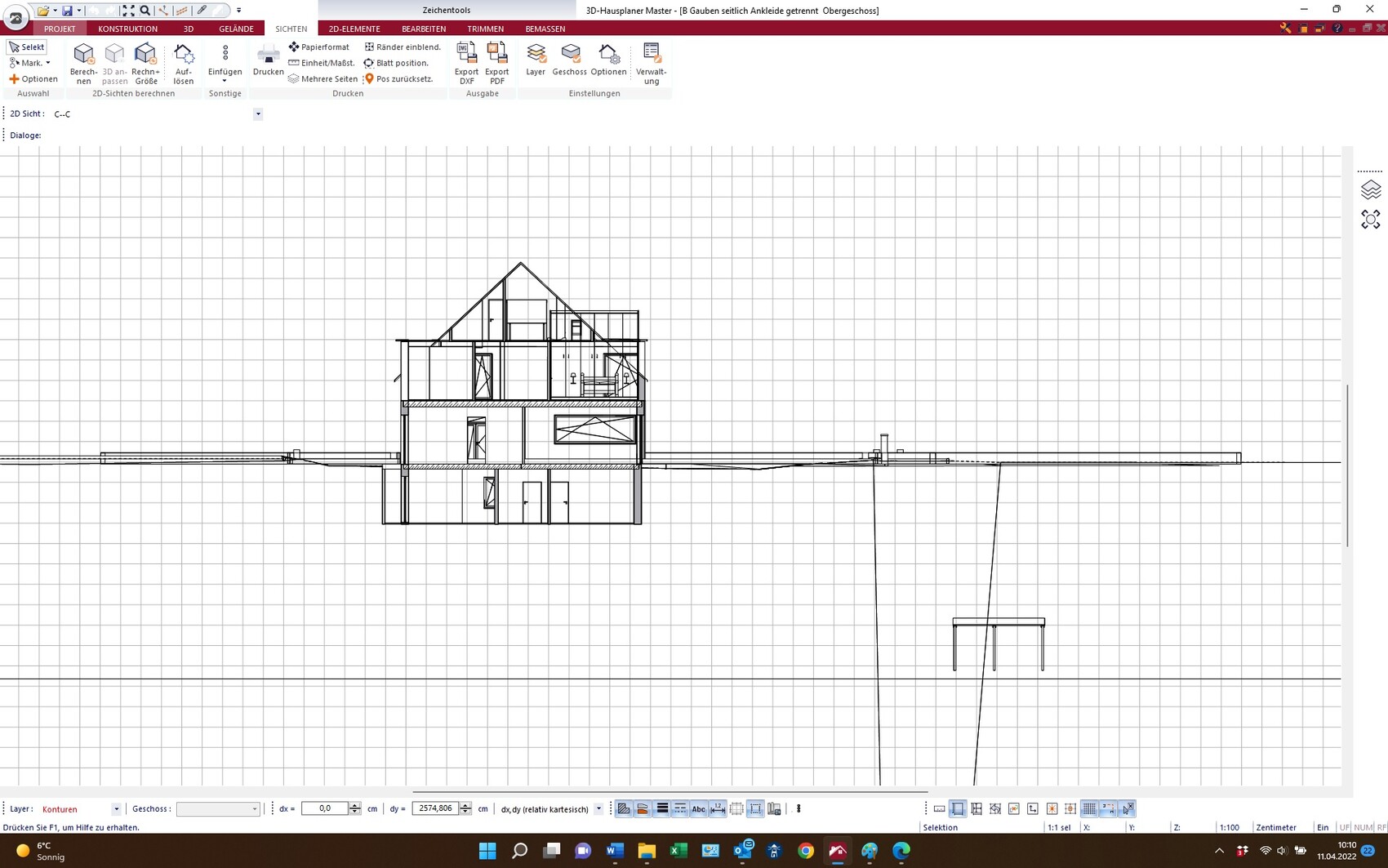 Section through a multi-story house with gable roof in a CAD drawing on grid.
