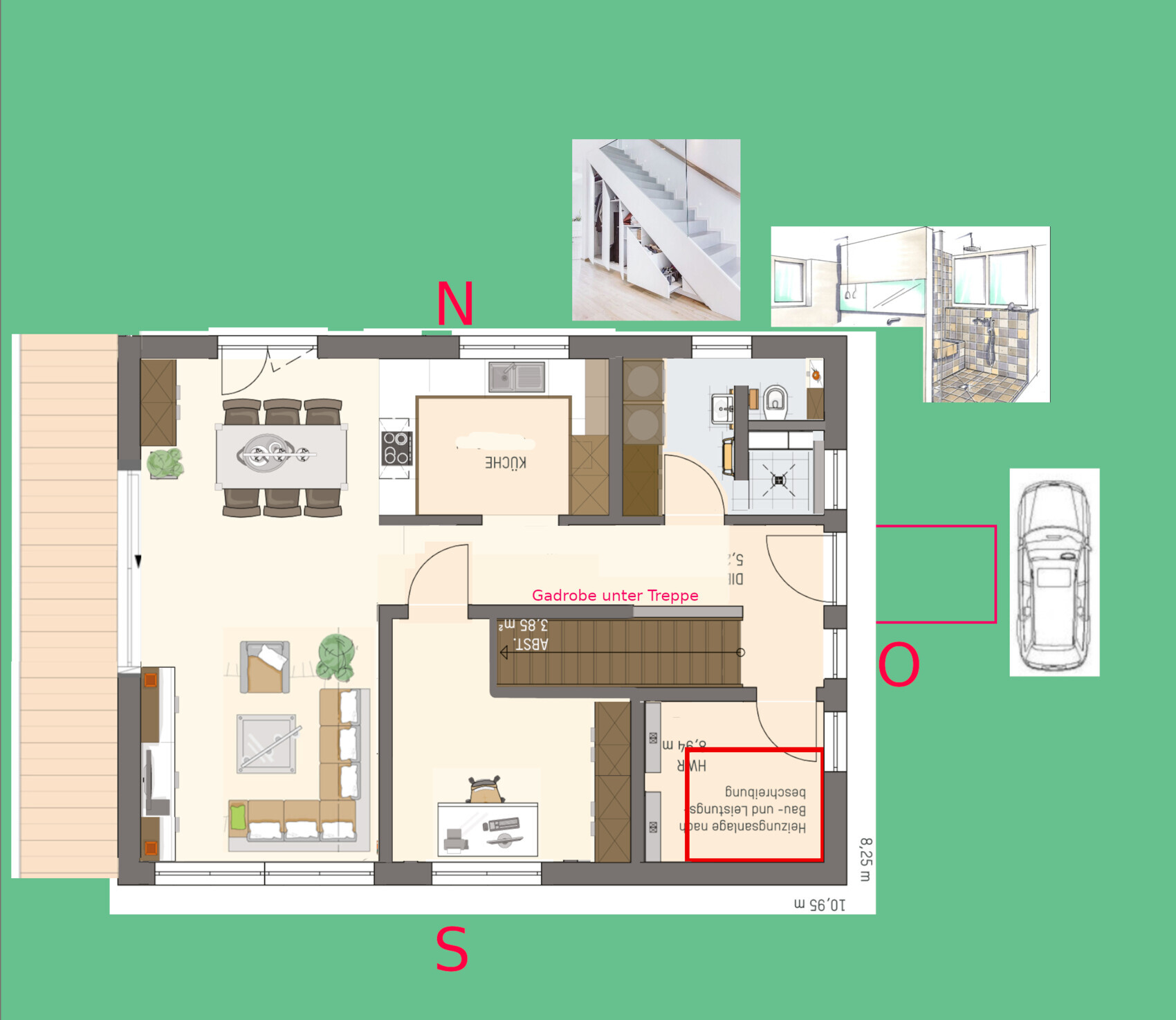 Floor plan of a house: kitchen, dining area, living room, staircase, wardrobe under stairs, bathroom.