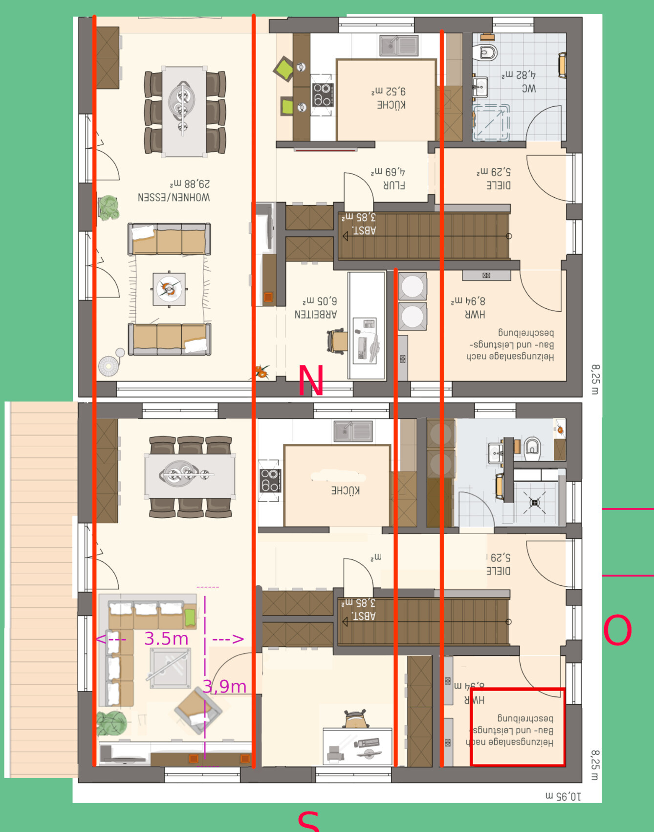 Detailed floor plan of a house with living room, kitchen, hallway, bathroom, and terrace