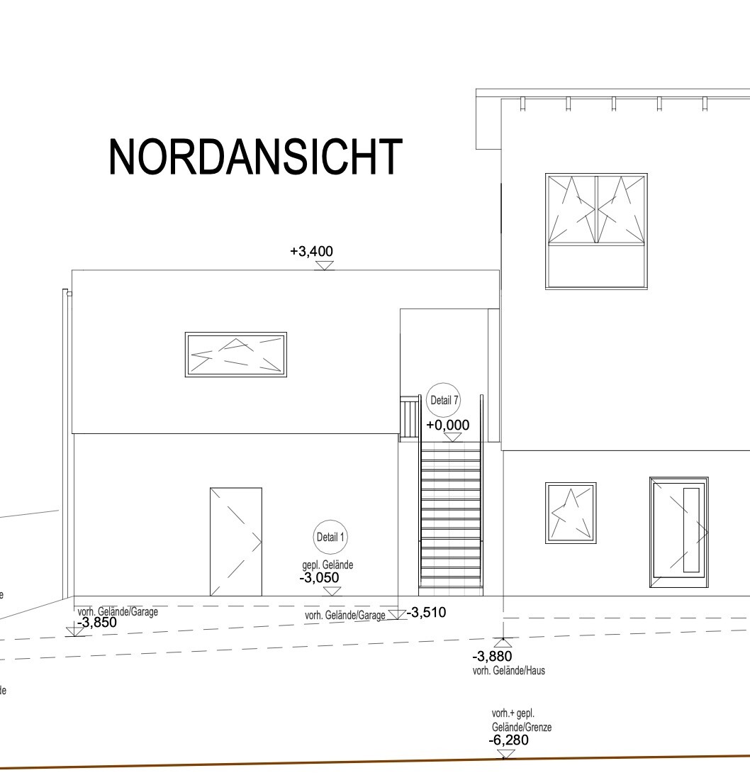 North elevation of a building with stairs, windows, and detailed labels