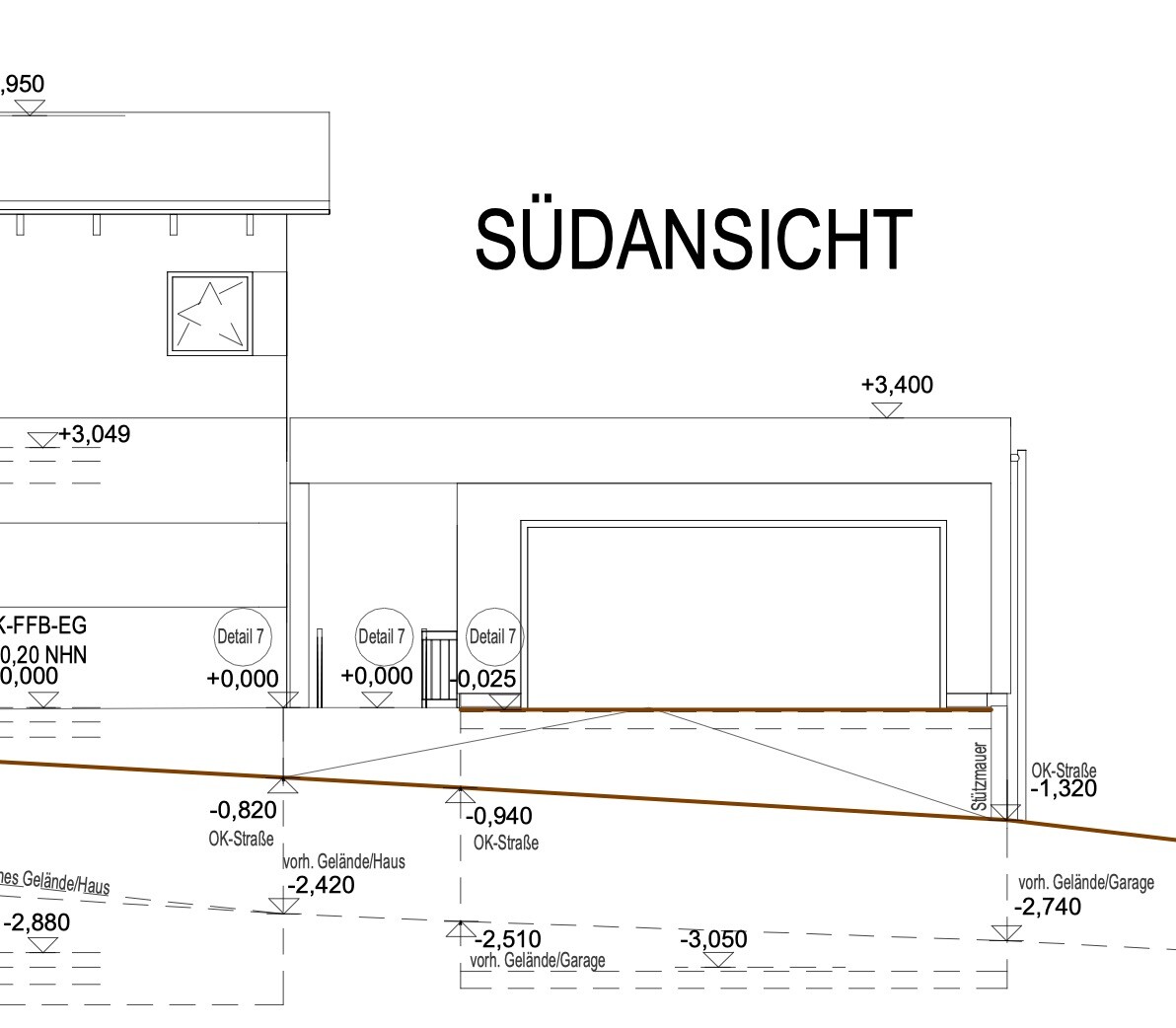 South elevation of a building with windows and dimension lines