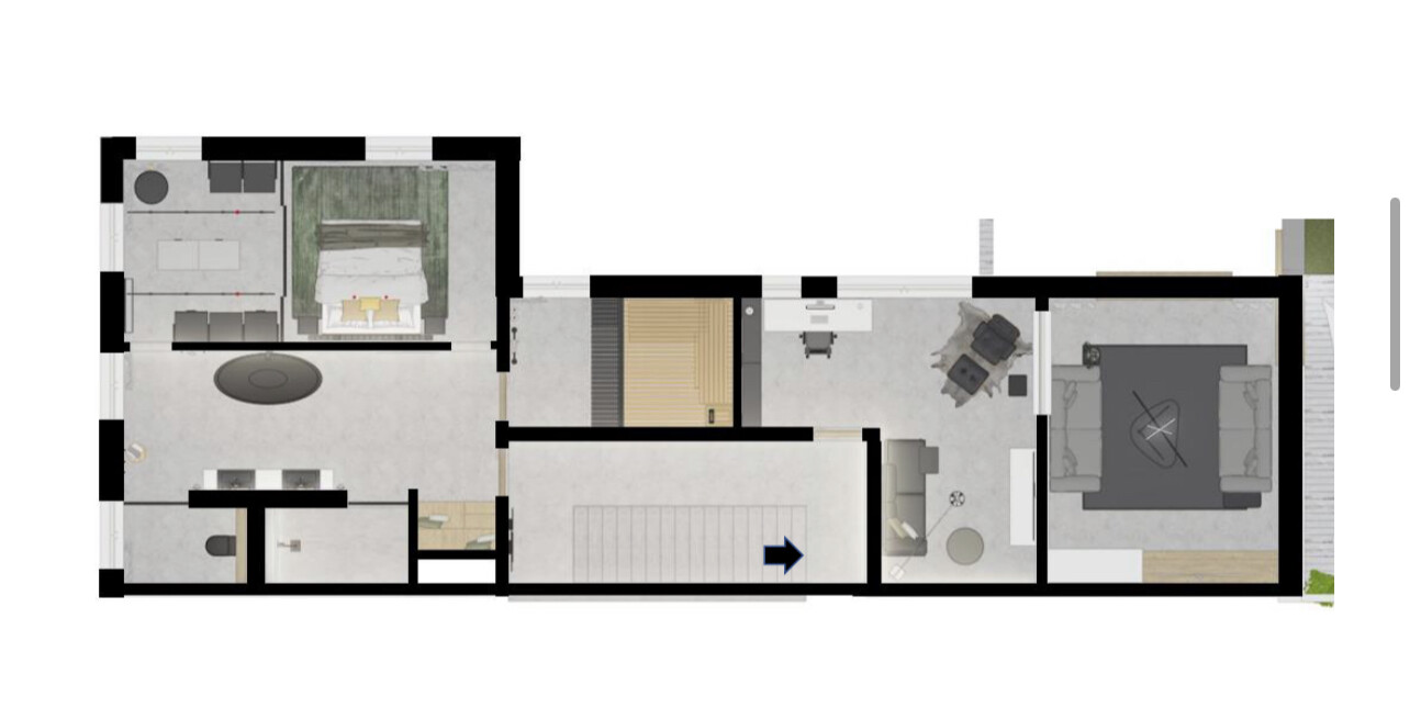 Floor plan of an apartment: living room on the left, two bedrooms, central staircase, right side area.