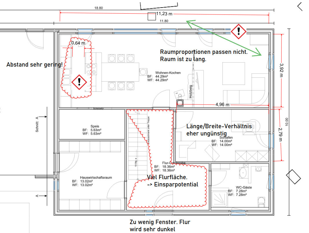 Floor plan of a living area with notes on room proportions, spacing, hallway size, and window placement.
