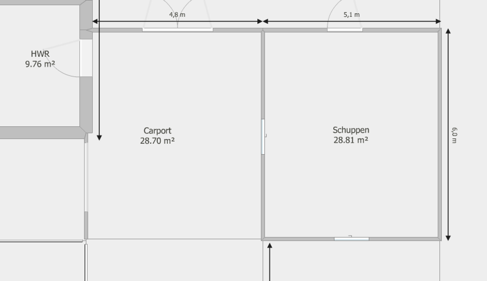 Floor plan: Carport (28.70 m²) left, shed (28.81 m²) right, utility room 9.76 m².