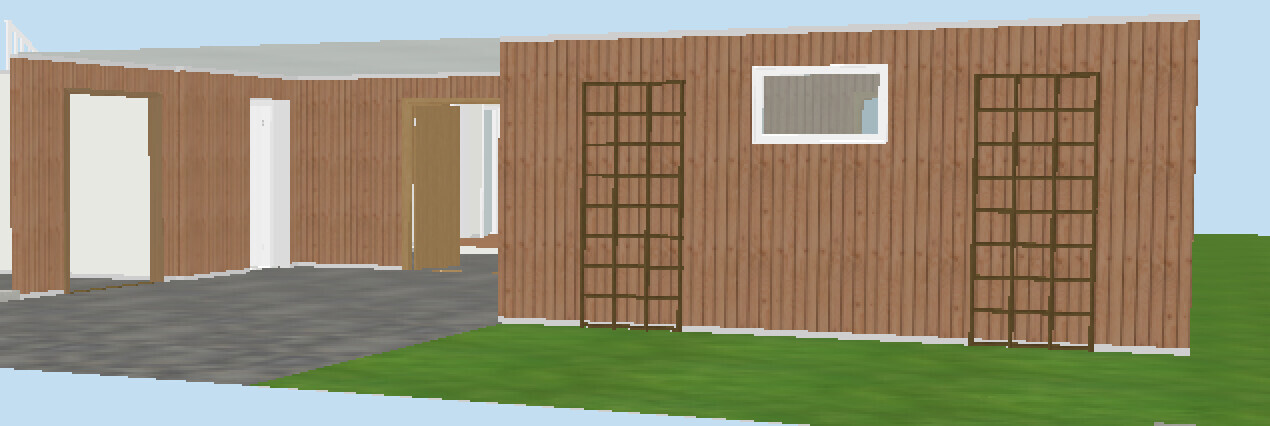 Modern wooden wall façade with gray driveway, door, window and two trellises, lawn in front.