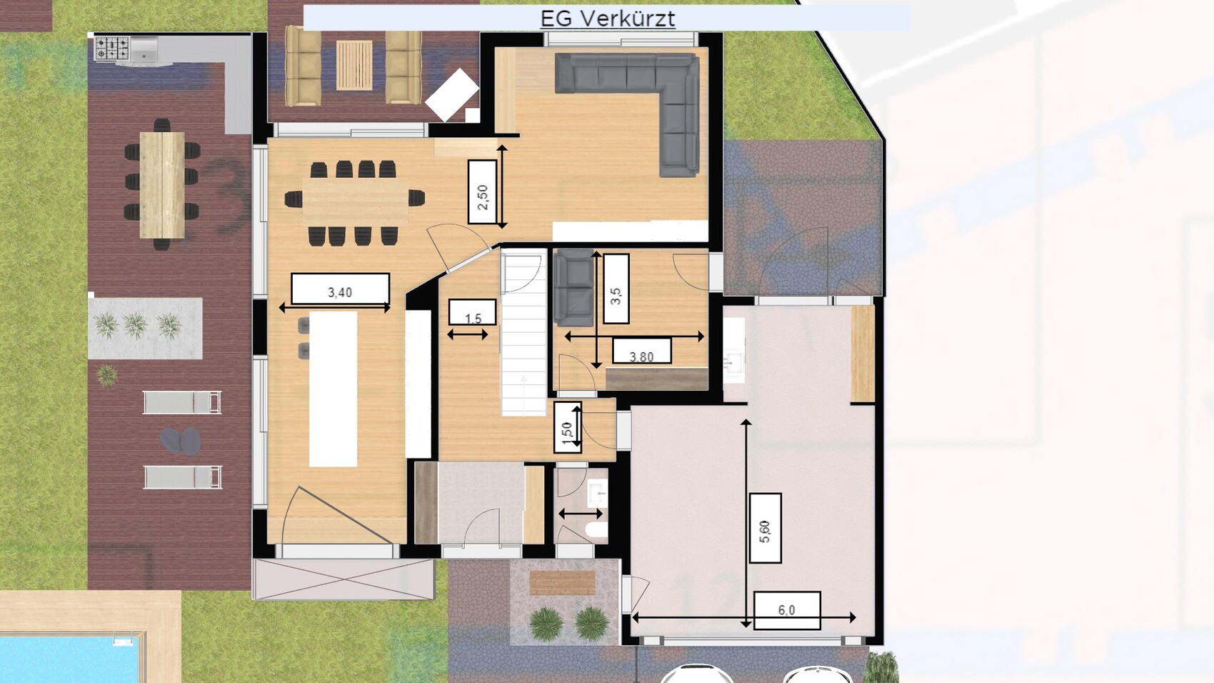 Ground floor plan: kitchen, dining area, living room, terrace, garden, and staircase.