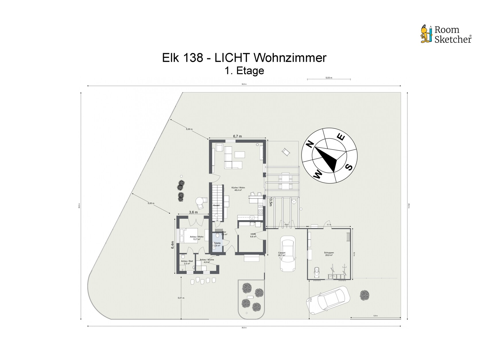 Ground floor plan of a house: living room, kitchen, garage, garden, compass.