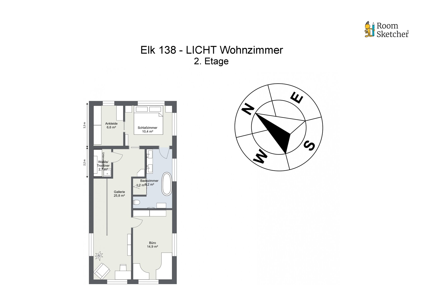 Second floor plan of a living area with bedroom, office, gallery, and bathroom; compass on the right.