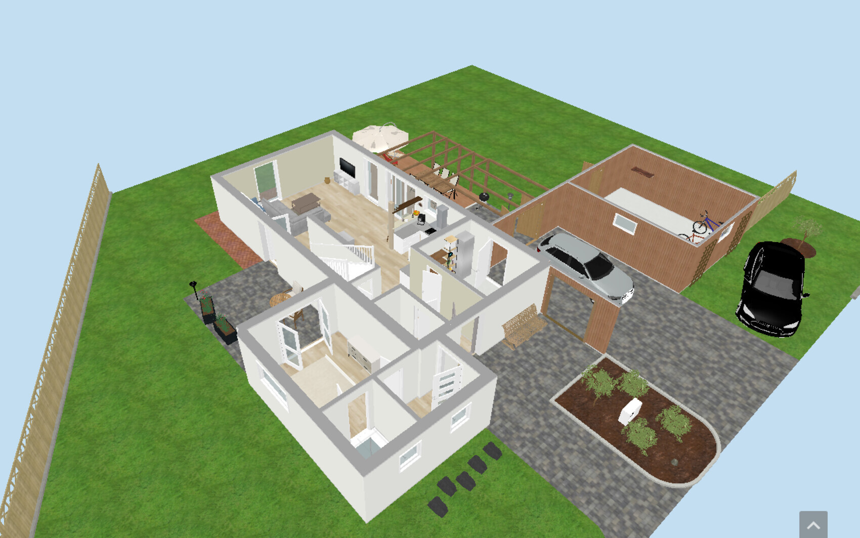 Isometric 3D top view of a single-family house with garden, terrace, garage, and two cars.