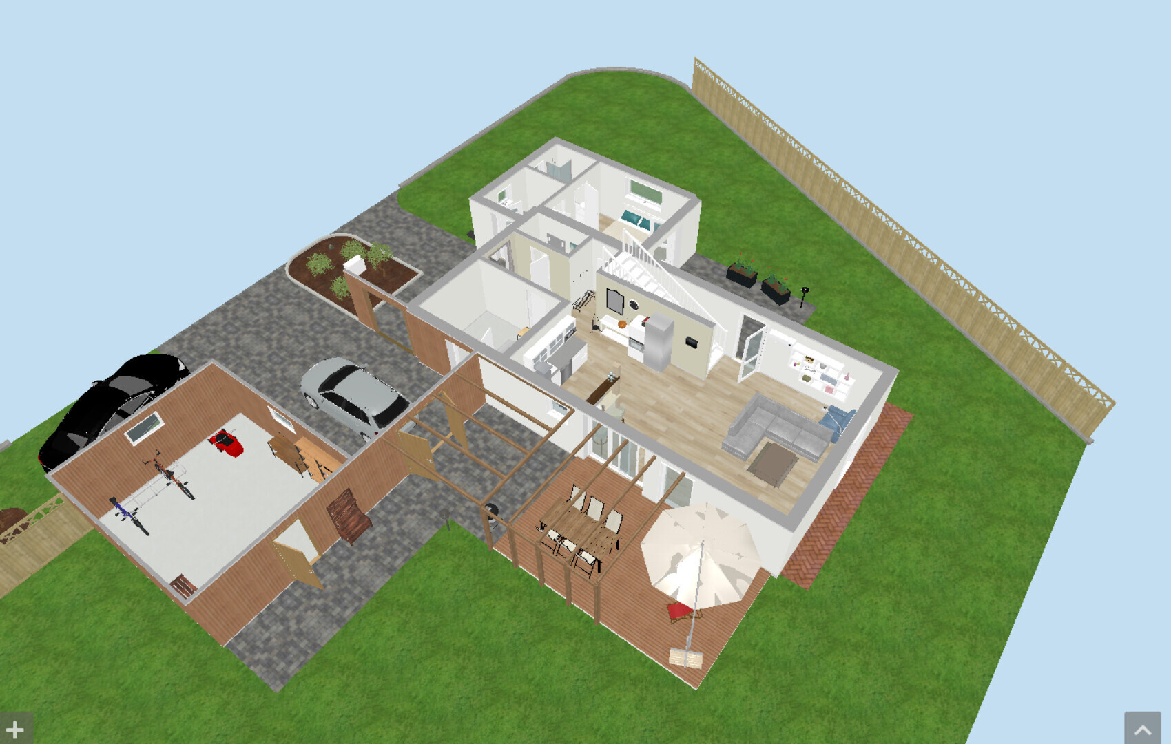 Isometric house floor plan view: garden, terrace, garage with cars, kitchen, living room.