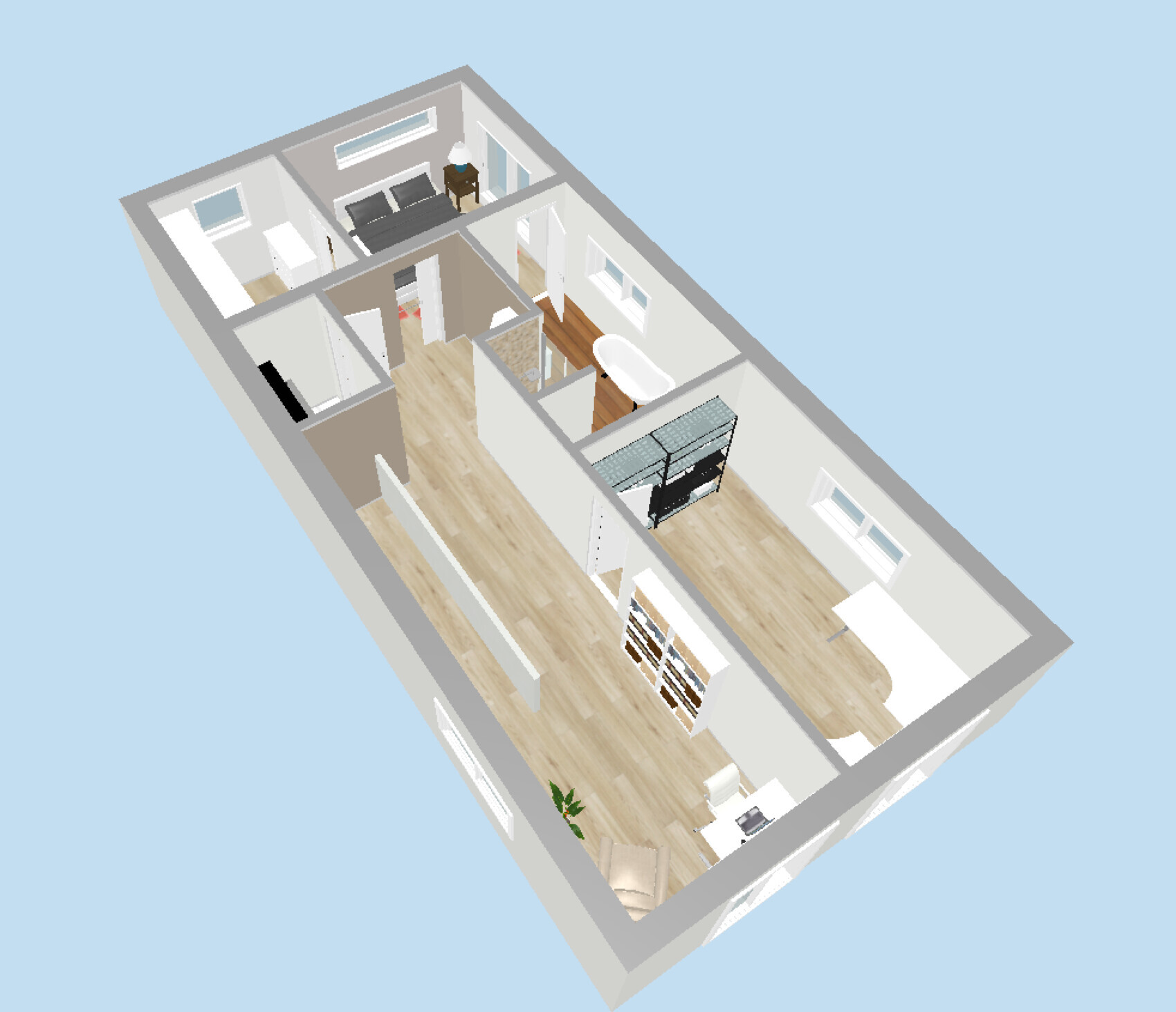 3D top view of an apartment: living room, kitchen, bathroom, bedroom, hallway, and workspace.