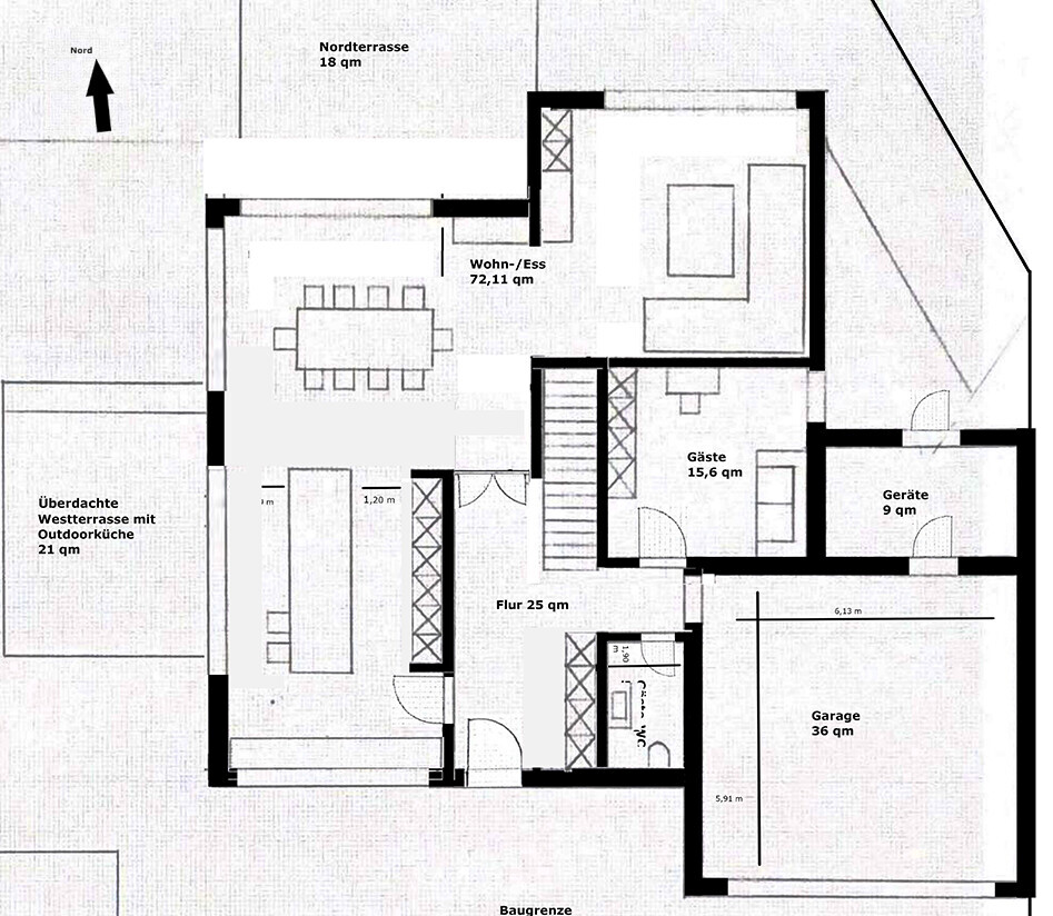 Floor plan of a house: living/dining area, kitchen, guest room, garage, terrace, hallway