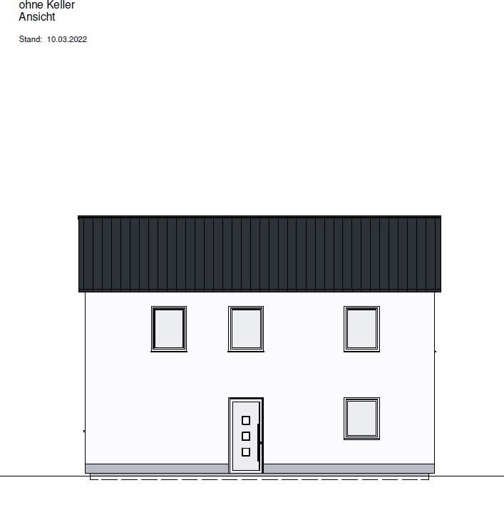 Two-story house with dark roof, white facade; three windows upstairs, door in front.