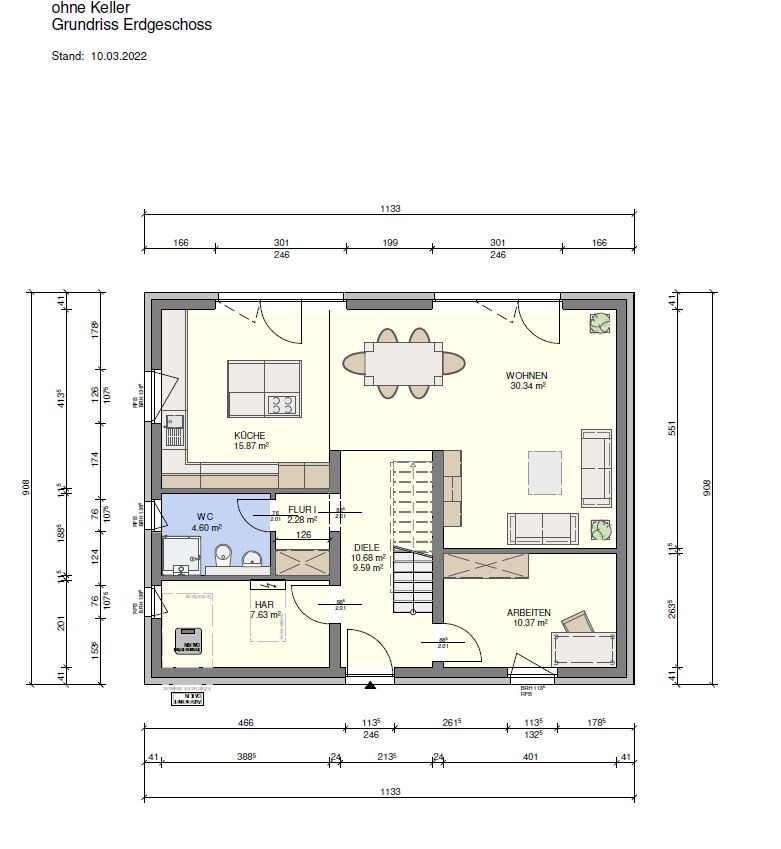 Ground floor plan: kitchen, living, office, hall, corridor, toilet, utility room