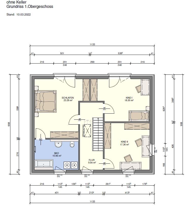 First floor plan: bedroom, two children's rooms, bathroom and corridor; staircase