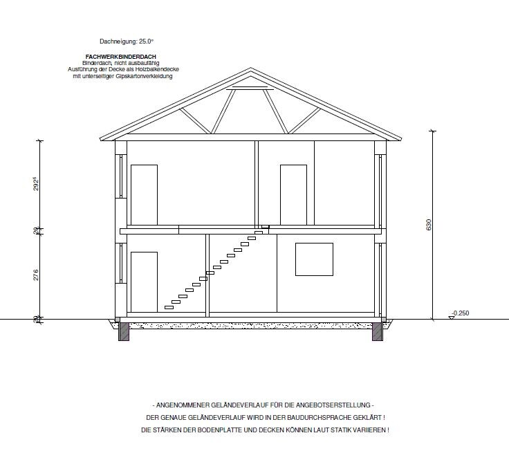 Section view of a two-story house with staircase, roof structure, and foundation.