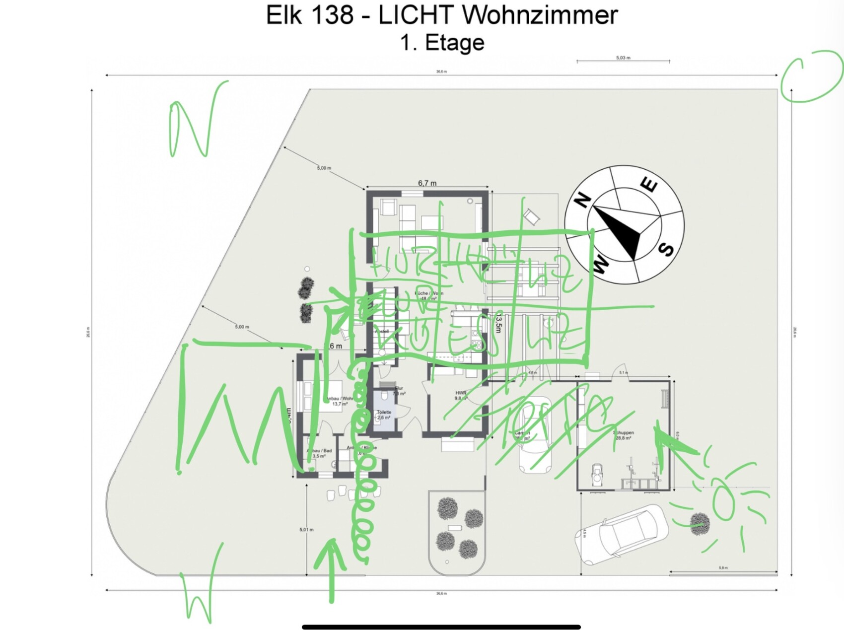 Floor plan of a house with garden, 1st floor living room, compass rose, green markings.