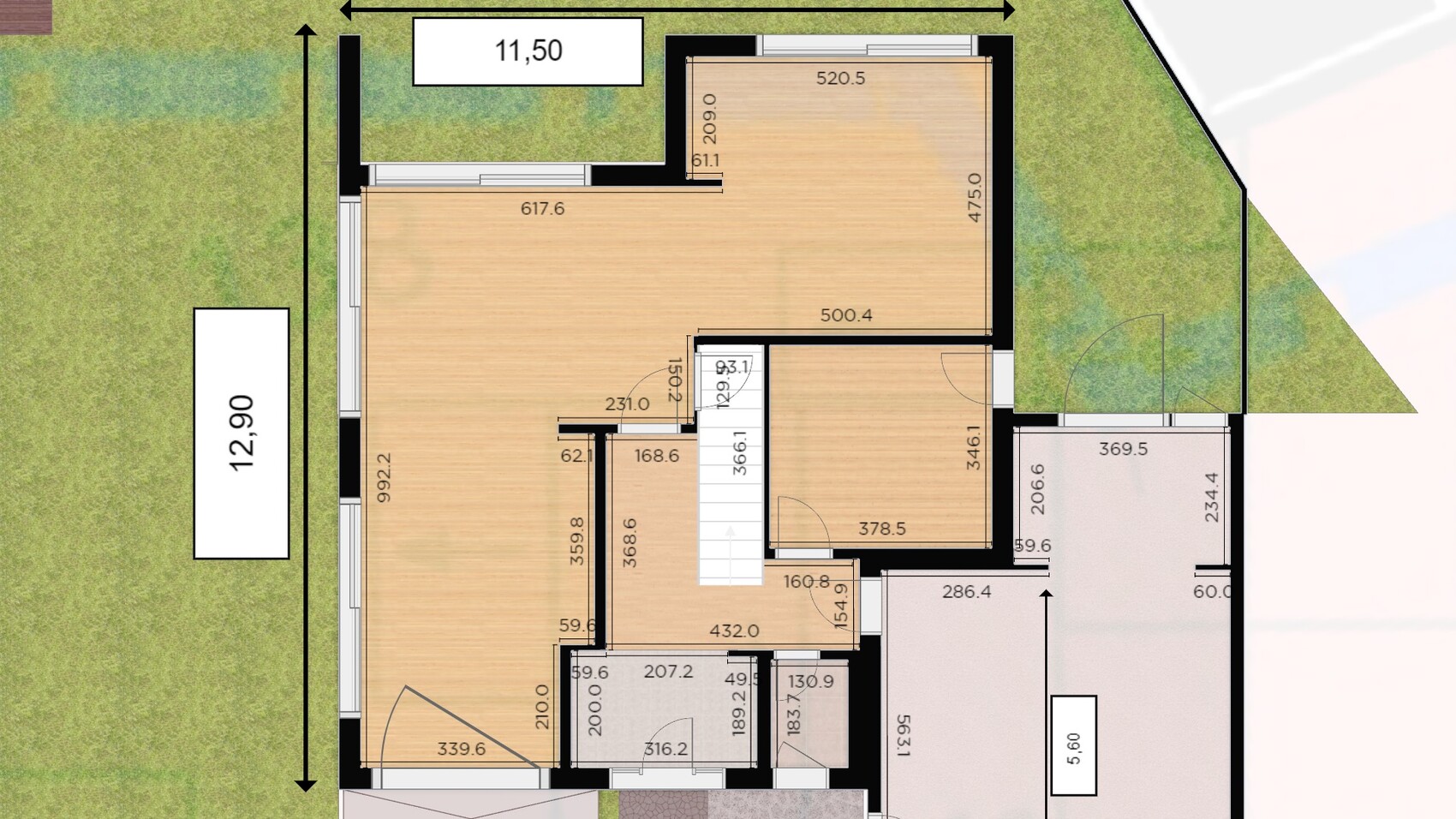 Floor plan of a house from above with wooden floor, doors, stairs and outdoor area with dimensions.