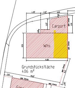 Site plan of a building plot with a plot area of 406 m² and building area marked.