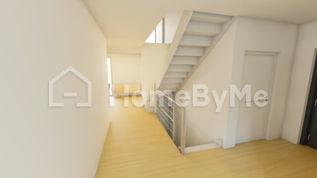 Bright interior corridor with wooden floor, staircase going up, white walls and modern furniture.