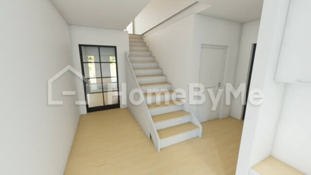 Bright stairwell with white stairs, wooden floor and glass door on the left.