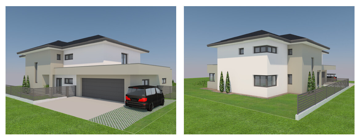 Two perspectives of a modern, two-story house with garage, car, and garden.