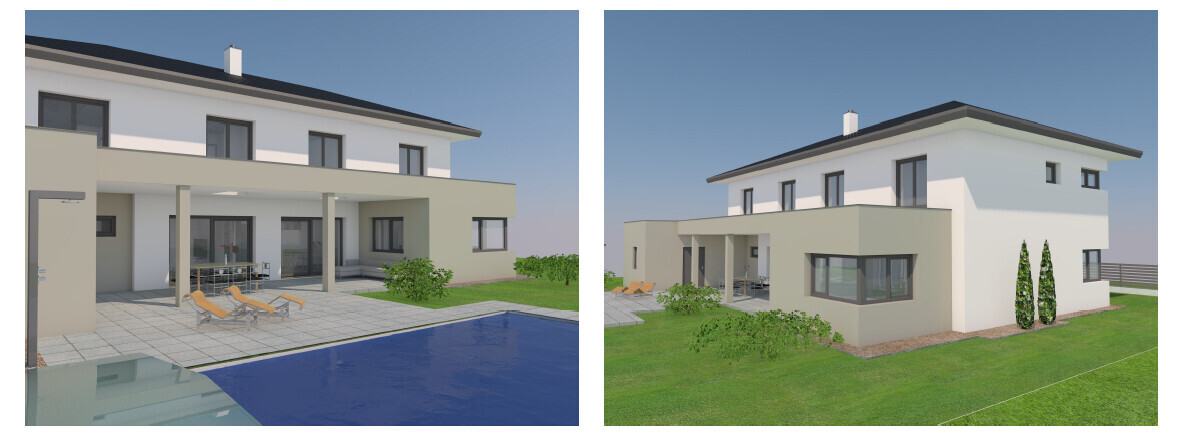 Two views of a modern villa with pool, terrace, and garden.