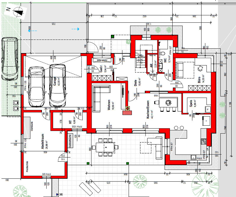 Floor plan of a house with red walls, garage, living room, kitchen, dining area, and entrance hall.