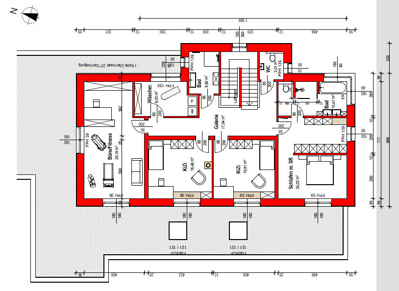 Floor plan of a single-family house with red exterior walls, several rooms, staircase, and furniture.
