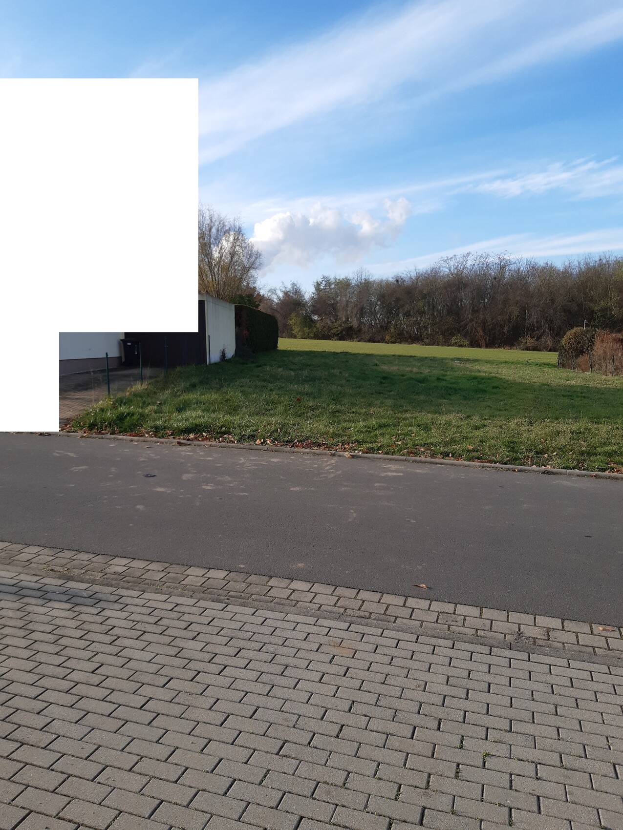 Paved walkway, asphalt road, green meadow, trees in the background, blue sky.