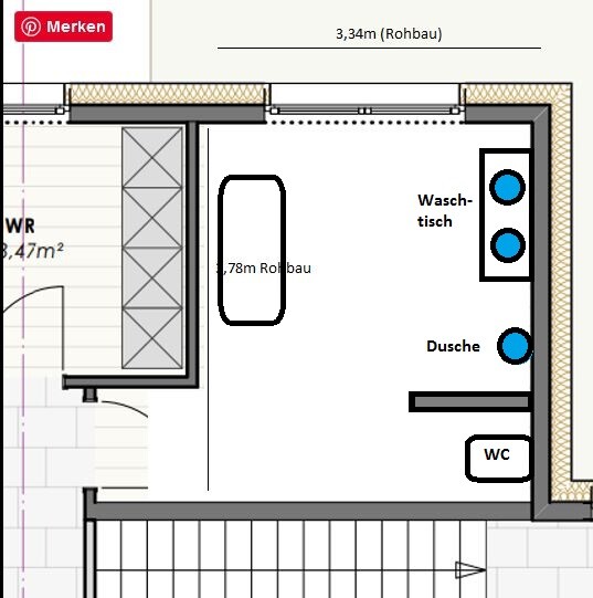 Floor plan of a bathroom with double washbasin, shower, toilet, and oval bathtub.