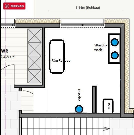 Floor plan of a bathroom with a vanity (two basins), shower, and toilet.