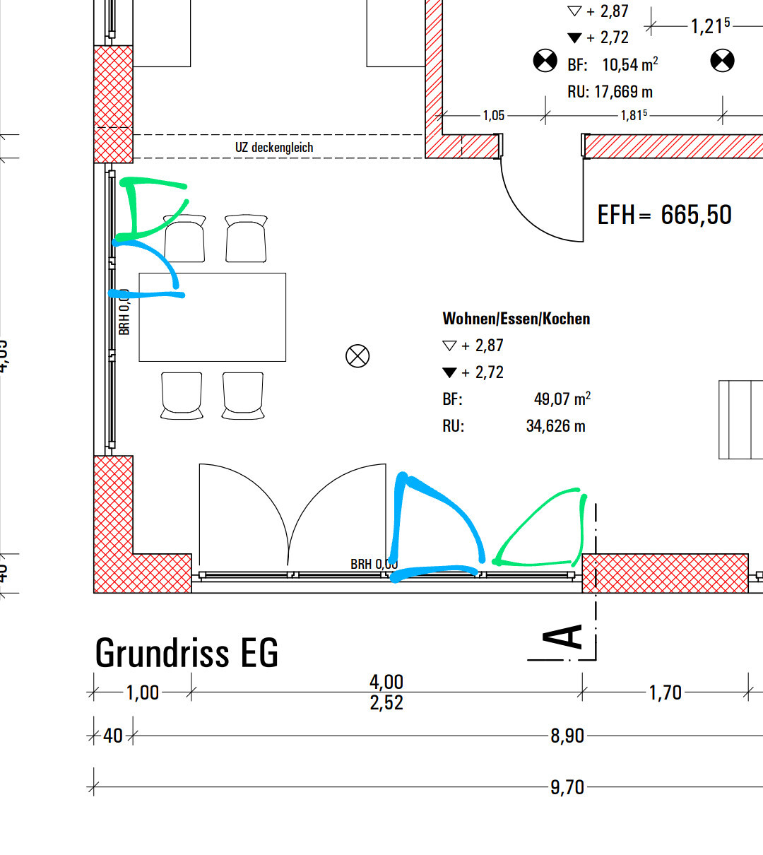 Ground floor plan: Open living/dining/kitchen area with dining table and chairs; red exterior walls.