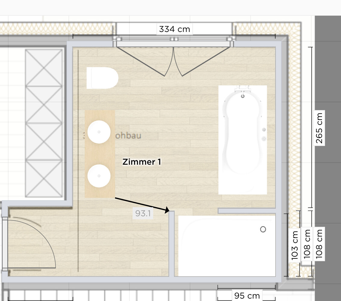 Floor plan of room 1 with bathtub on the right, two sinks on the left, door at the bottom left.