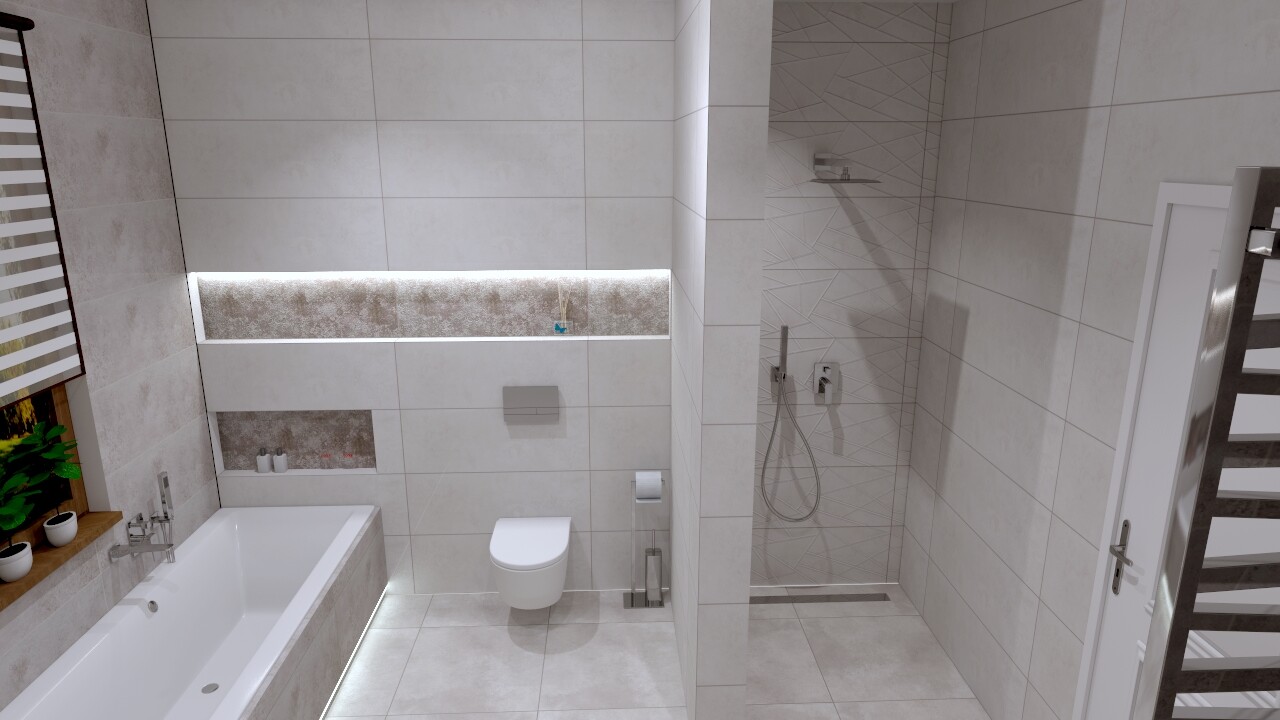 Modern bathroom: bathtub on the left, wall-mounted toilet, shower on the right, window