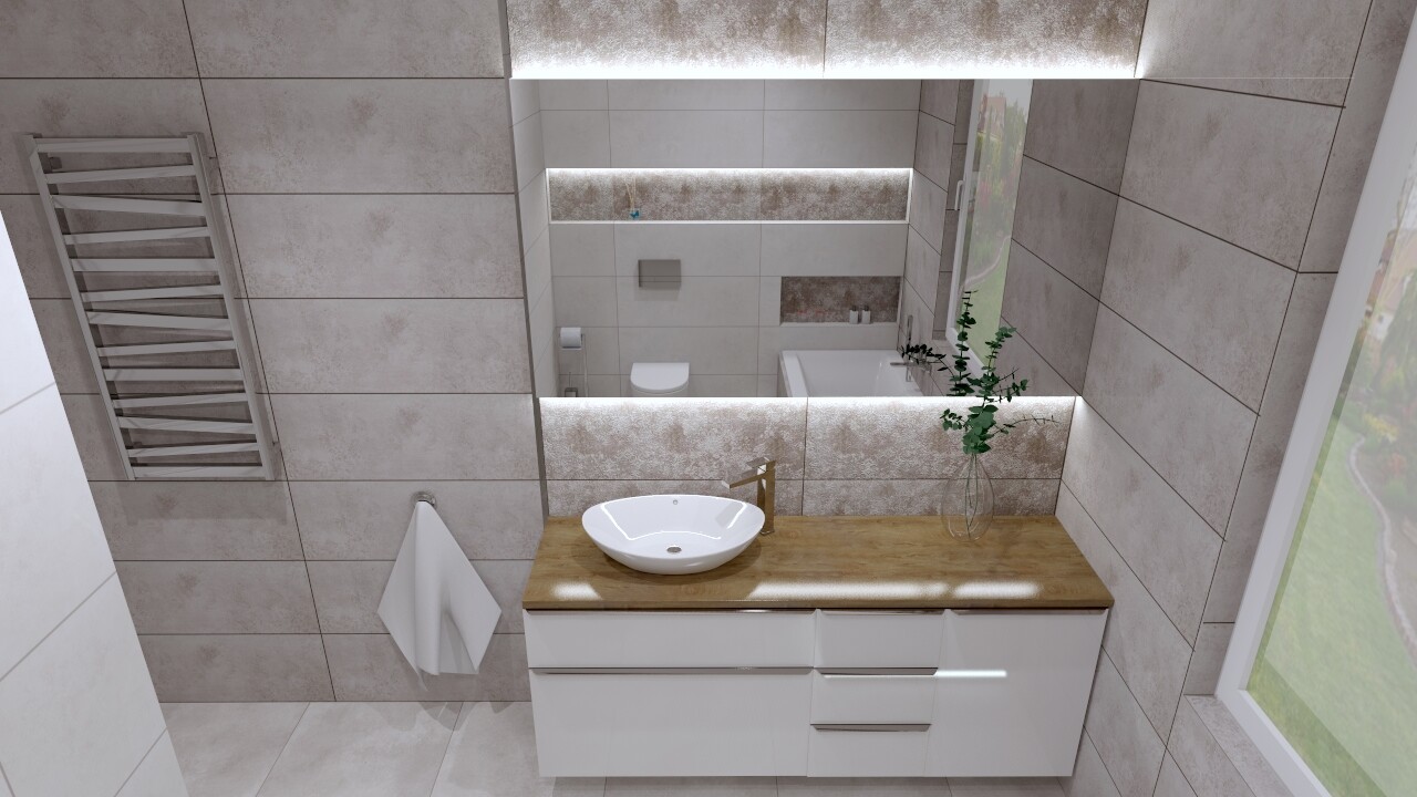 Modern bathroom with wooden vanity, round vessel sink, LED mirror, and vase with green plants