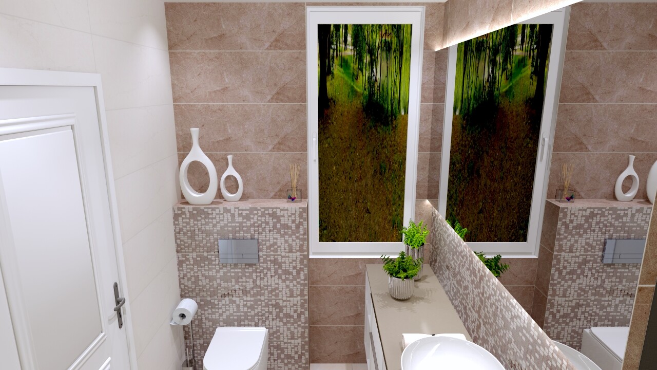 Bright bathroom with toilet, sink, large mirror, and forest view through a window.