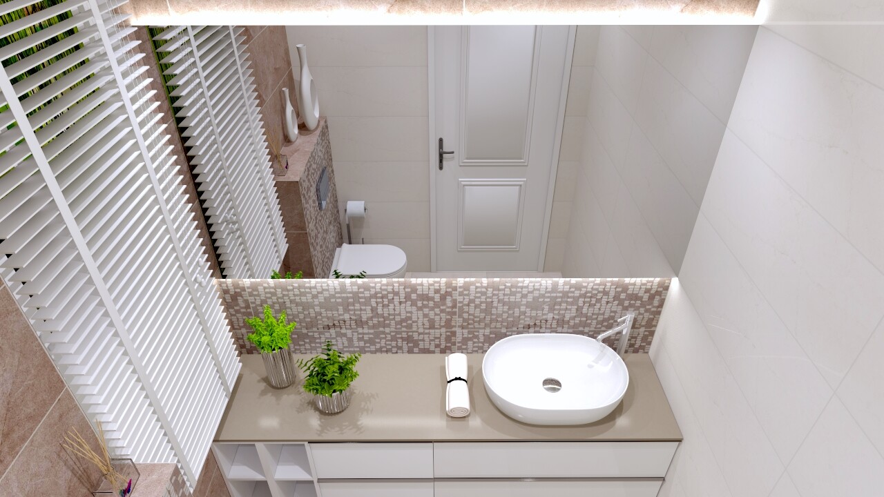 Modern bathroom with vanity, sink, mosaic tiles, two plants, towel, toilet.