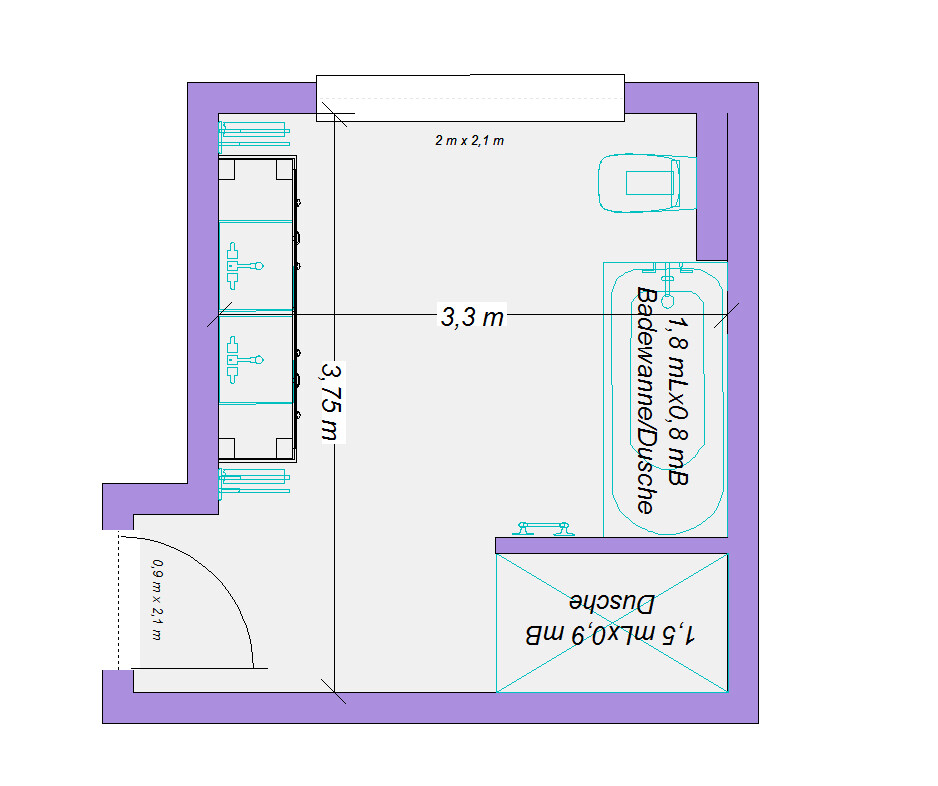 Floor plan of a bathroom with bathtub, shower, double sink, and door on the left.