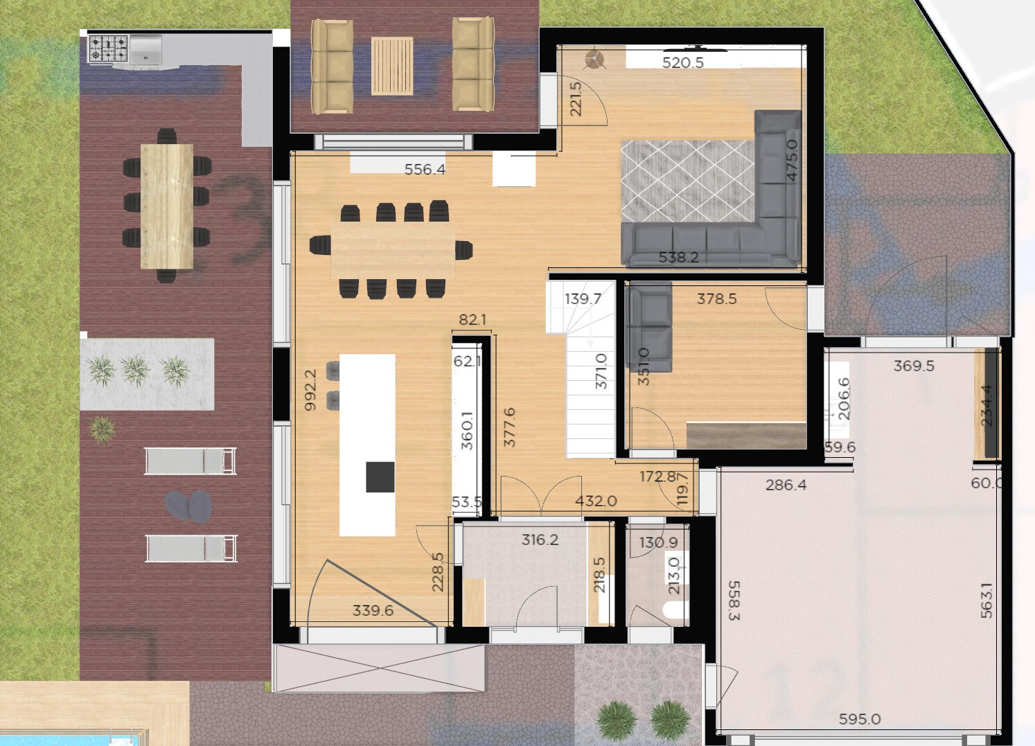 Floor plan of a house with open kitchen, island, large dining area, living room and terrace.