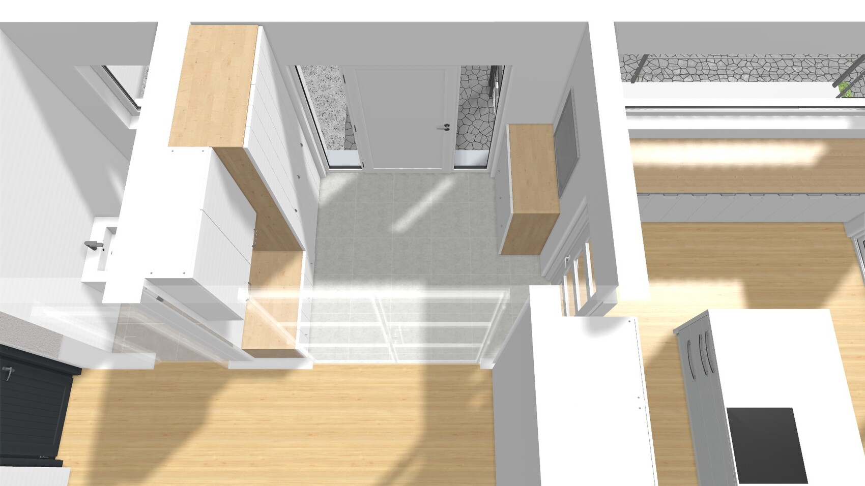 Top view: modern entrance area with white cabinets, wood surfaces and tiled floor.