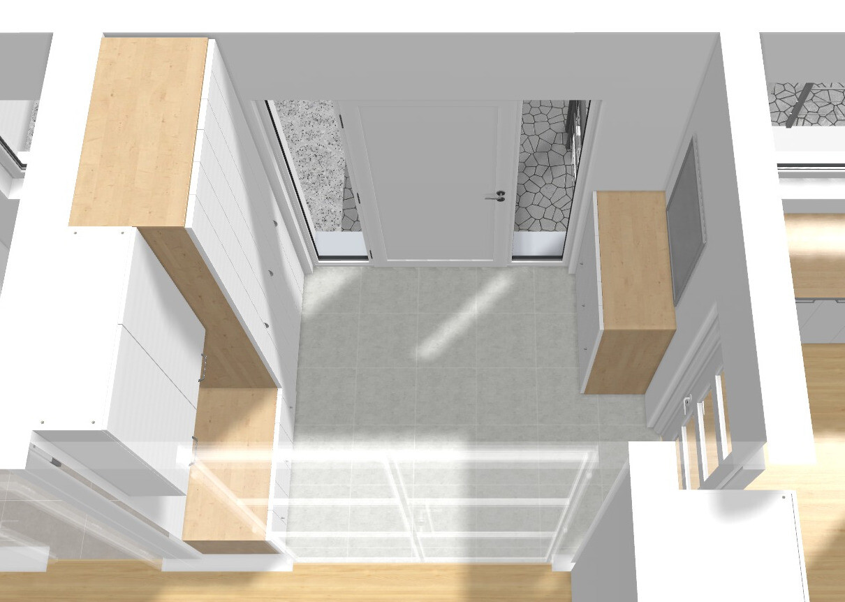 Top view of a hallway with entrance door, side windows, gray tiles and wooden furniture