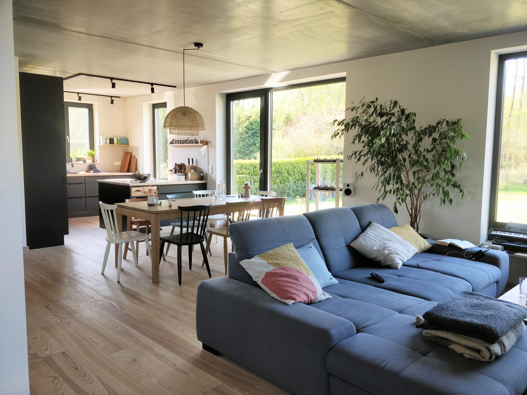 Open living and dining area with blue sofa, wooden table, and large window front.