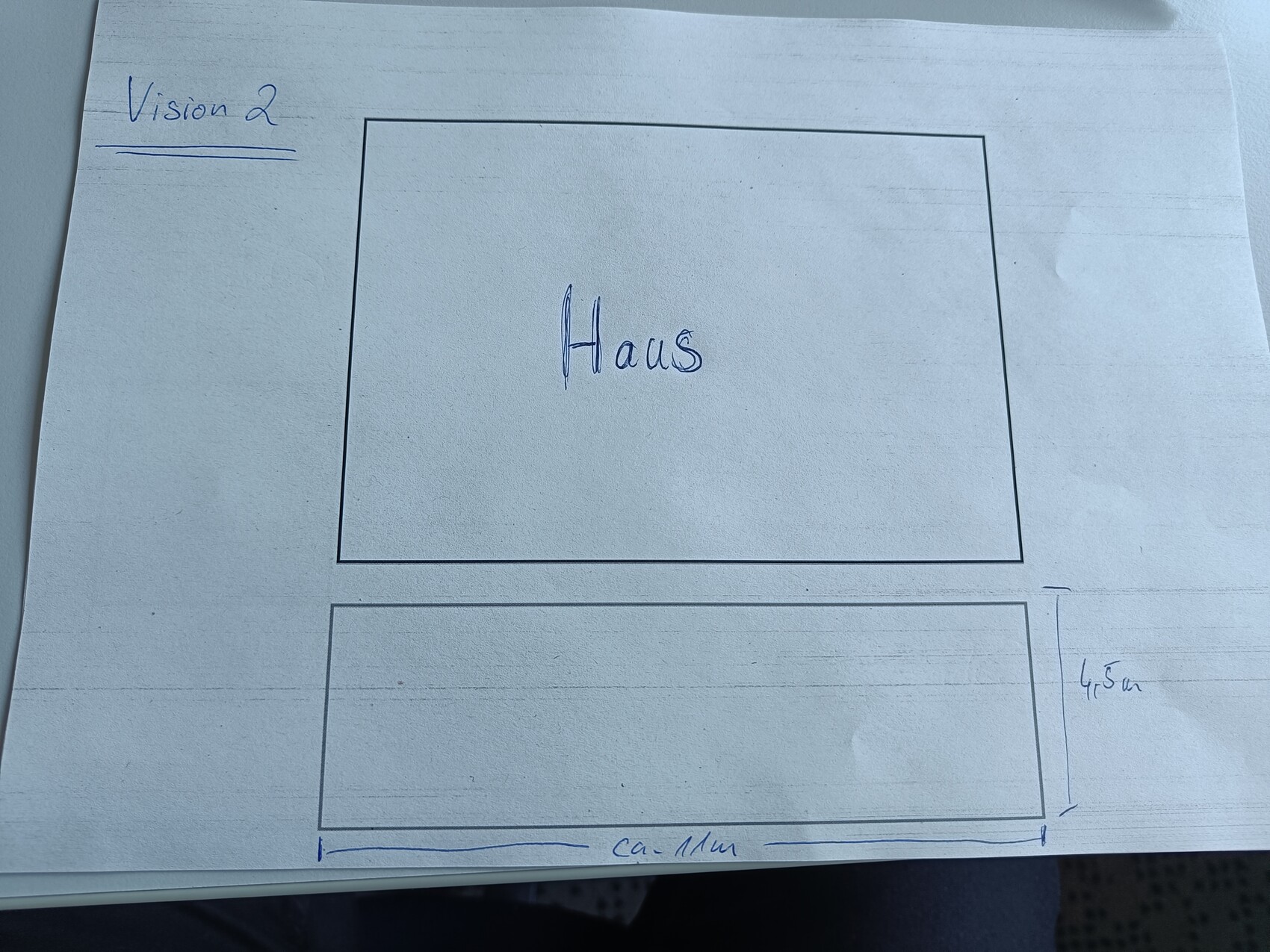 Skizze auf Papier: Oberes Rechteck mit 'Haus' und darunter ein zweites Rechteck; links oben 'Vision 2'.