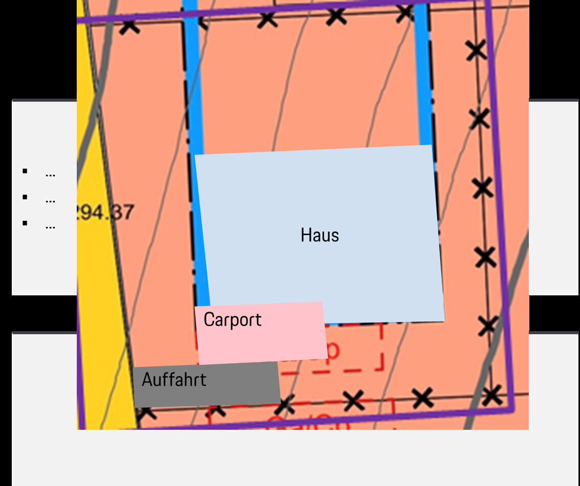Floor plan of a building plot with house (light blue), carport (pink), and driveway (gray).