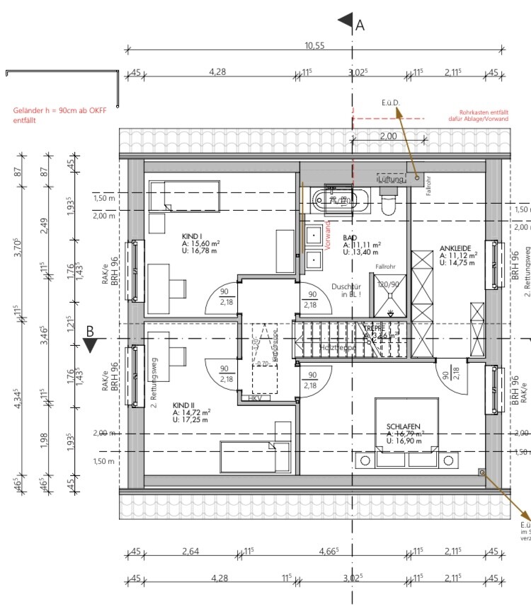 Upper floor plan: bedroom, two children’s rooms, bathroom, dressing area, stairs.