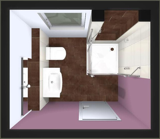 3D bathroom layout with shower, toilet, and washbasin, brown floor tiles and purple walls