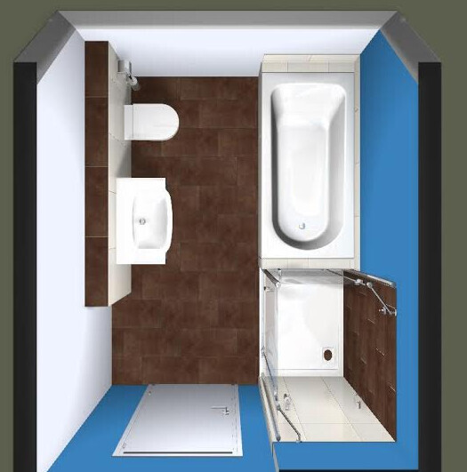 Top view of a modern bathroom floor plan with bathtub, shower, washbasin, and toilet