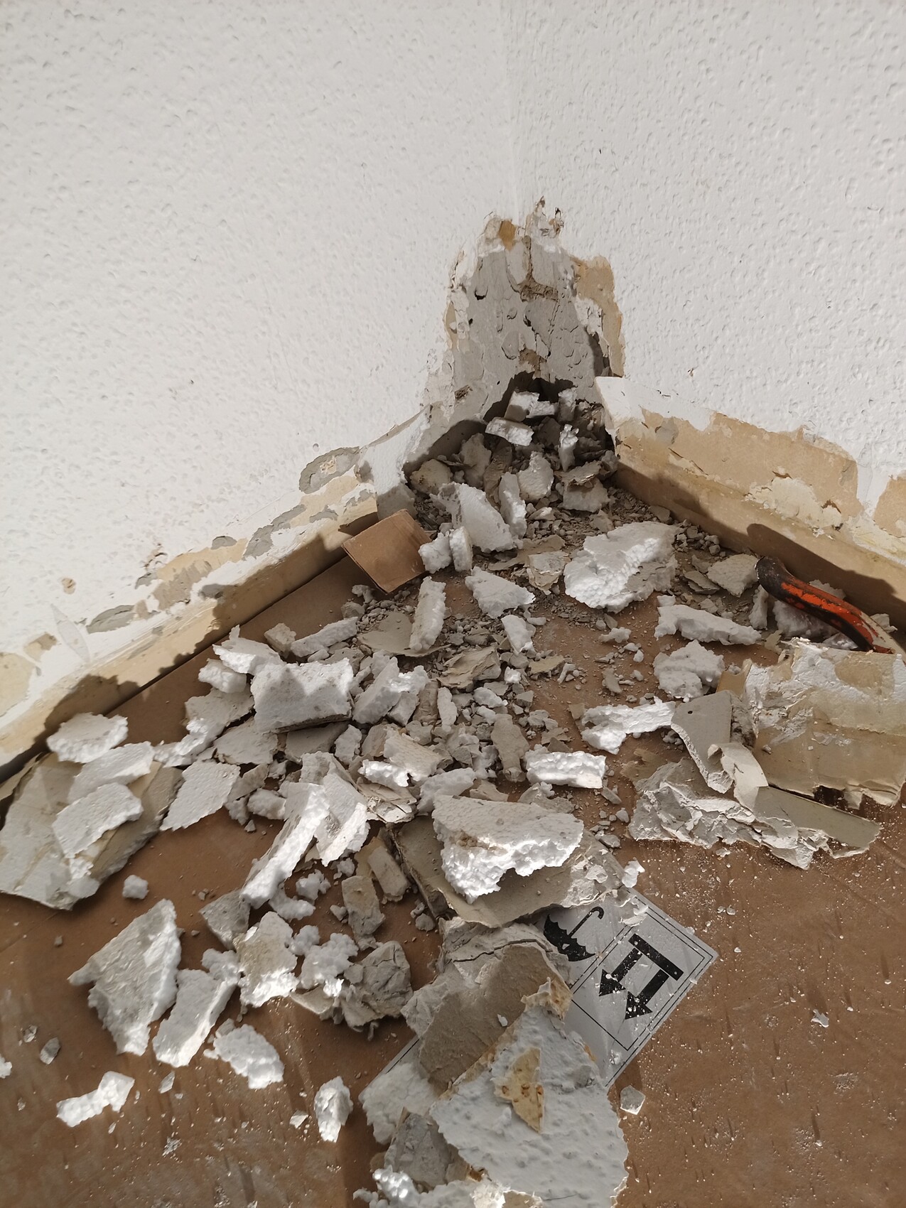 Damaged interior wall with flaking plaster; floor covered with plaster debris