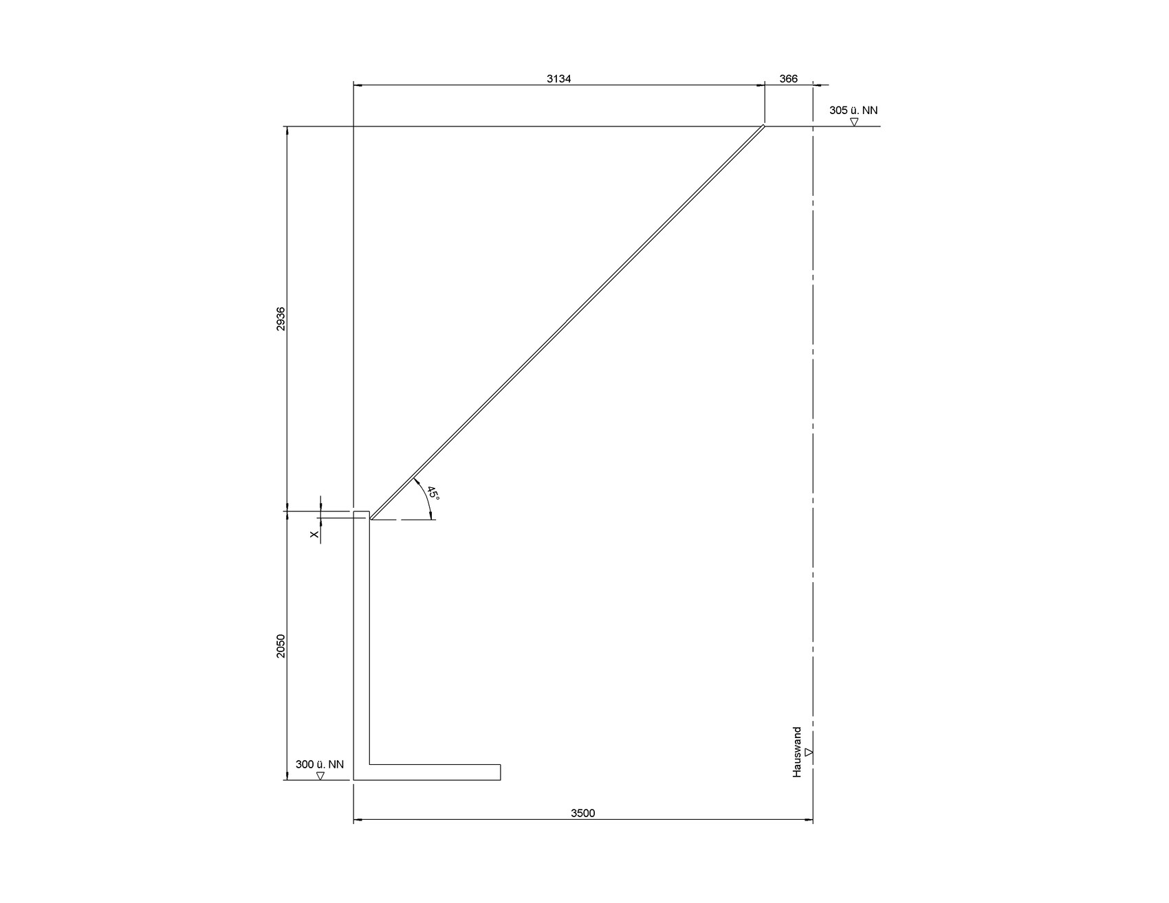 Diagonal beam from bottom left to top right (45°); floor plan with house wall on the right.